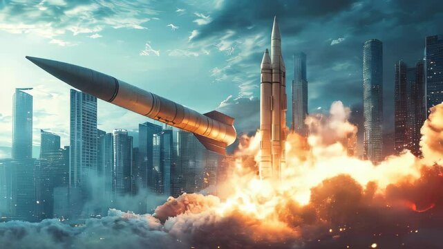 video of large missile on a launch pad with skyscrapers in the background