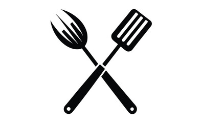 BBQ fork and spatula icon, grill fork and spatula silhouette, barbecue tools vector icon