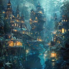 Fototapeta premium Mystical Underwater City with Enchanted Buildings and Marine Life