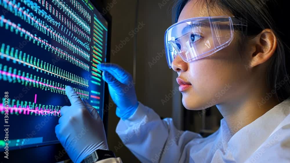 Aufkleber asian female scientist analyzing complex data displayed on a modern computer screen