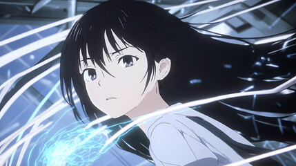 Anime girl with flowing hair using magic energy in a dynamic and futuristic setting