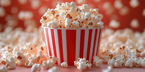 Bowl of freshly made popcorn sits enticingly on a vibrant background filled with scattered popcorn