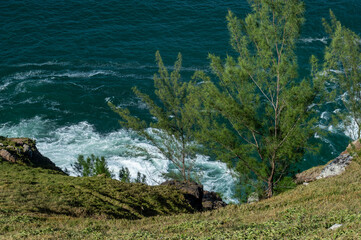 Green vegetation and grass on the hillside of Pontal do Atalaia observation deck hillside with...