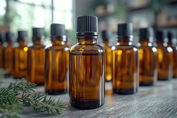 A collection of essential oil bottles on a table, perfect for aromatherapy or wellness use