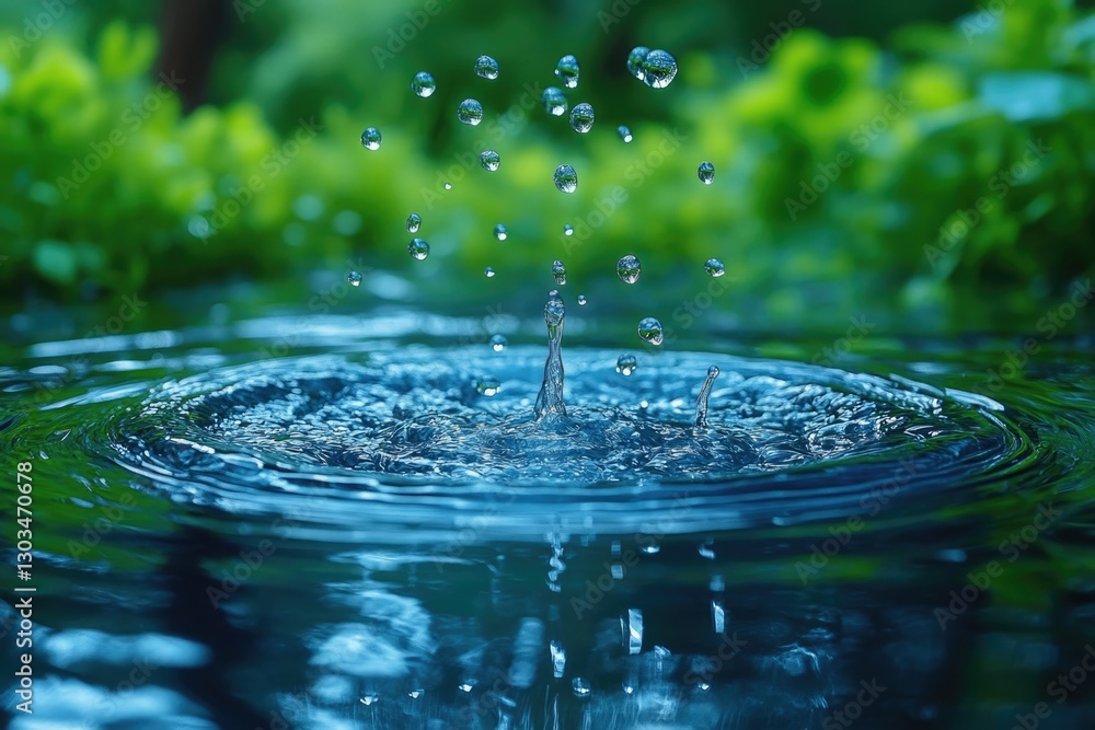 Poster a close-up view of a single water drop floating on the surface of a body of water