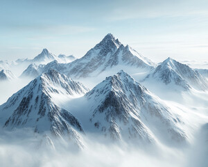 Obraz premium Snow-covered mountain peaks rising above the clouds in a vast winter landscape, showcasing the majestic beauty and serenity of high-altitude terrain in a cold environment