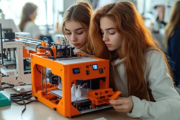 Two young women inspecting a 3D printing machine on a table