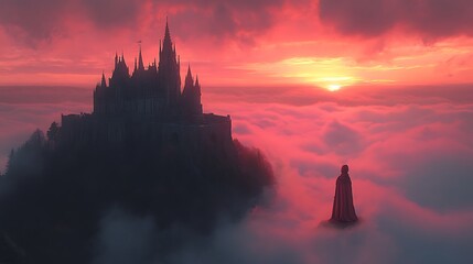 Castle floating above clouds at sunset