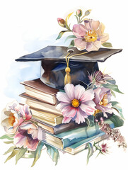 Graduation celebration with a mortarboard, flowers, and stacks of colorful books. Generative AI