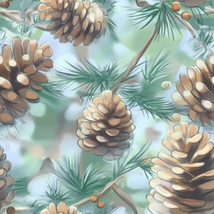 Obraz premium Pine cones gracefully scattered on evergreen branches under soft sunlight in a serene natural setting. Seamless pattern. Generative AI