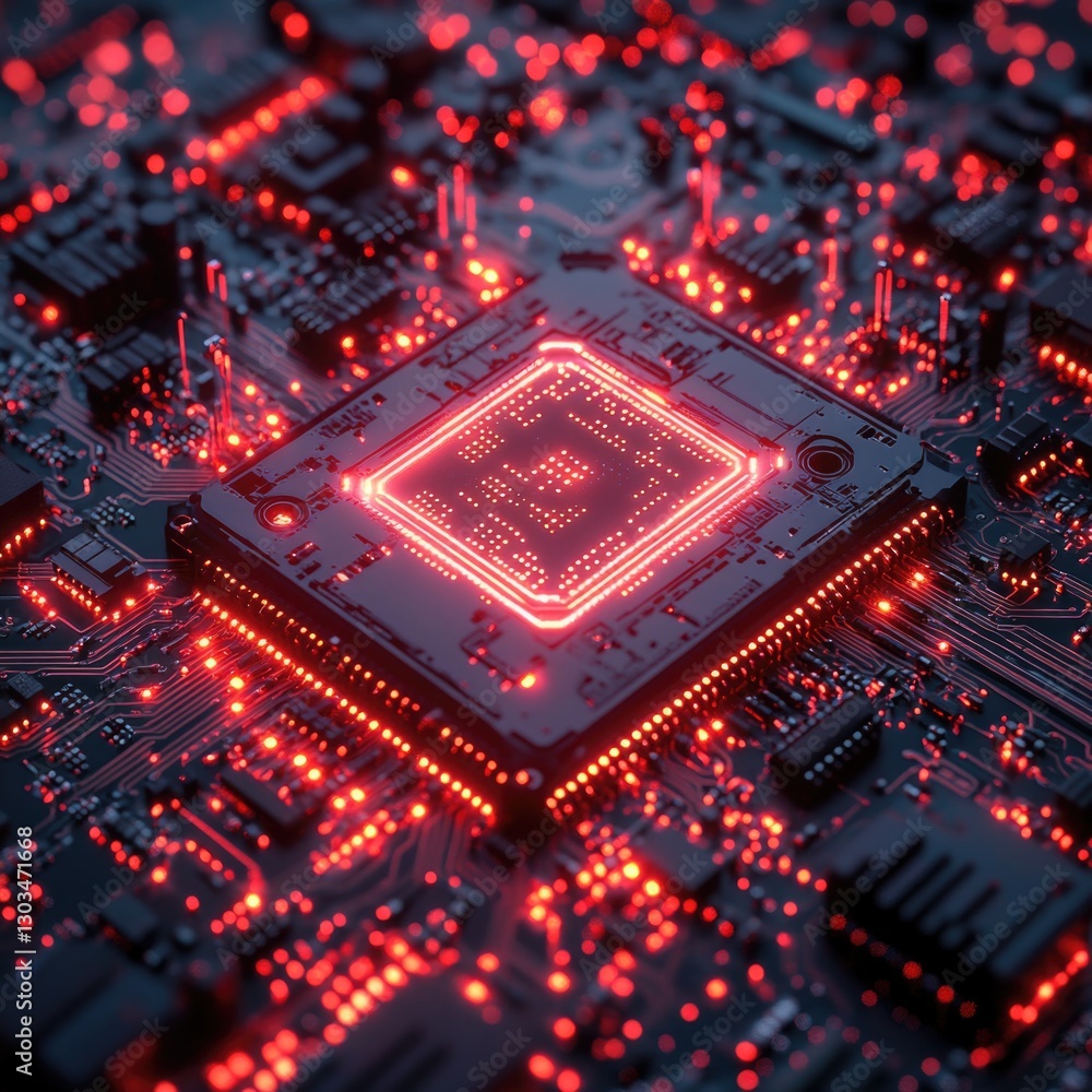 Poster close-up shot of a circuit board with red indicator lights, suitable for tech or electronics-themed 