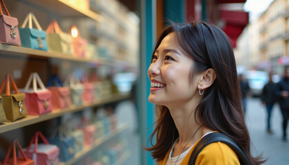Young Asian woman smiling happily, shopping in a boutique, vibrant street background
