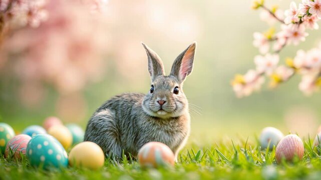ute gray rabbit nestled in fresh grass, gazing near vibrant Easter eggs in pastel and bright shades. Blossoming cherry branches in the blurred background enhance the warm, joyful, and serene Easter
