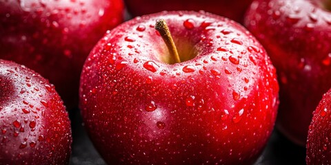 close up of red apple with water drops, bokeh background, detailed texture and close-up view of the fruit surface
