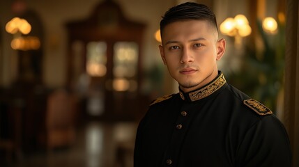Fototapeta premium Man in formal uniform, hotel lobby portrait