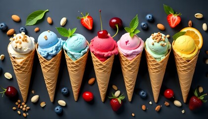 Una toma de estudio en ángulo alto muestra una fila de seis conos de gofre llenos de diferentes sabores de helado, dispuestos sobre una superficie gris oscura