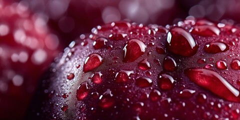close up of red apple with water drops, bokeh background, detailed texture and close-up view of the fruit surface