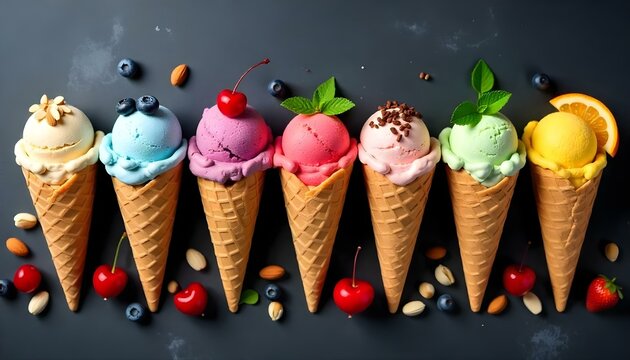 Una toma de estudio en &aacute;ngulo alto muestra una fila de seis conos de gofre llenos de diferentes sabores de helado, dispuestos sobre una superficie gris oscura