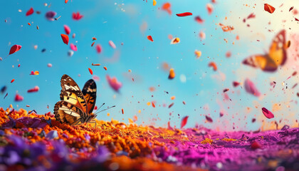 Fototapeta premium Holi Festival of Colours Animal Concept, Spring Holi bloom, butterfly nestled amidst colourful flower petals, splashes of vibrant powder, blue skies, drifting festive colours, Indian Hinduism festival