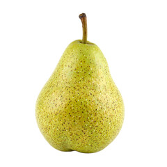 Fresh ripe pear with greenish yellow skin delicate speckles and a small brown stem Isolated on white A symbol of freshness and healthy eating
