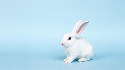 Obraz premium Cute white rabbit on isolated blue background
