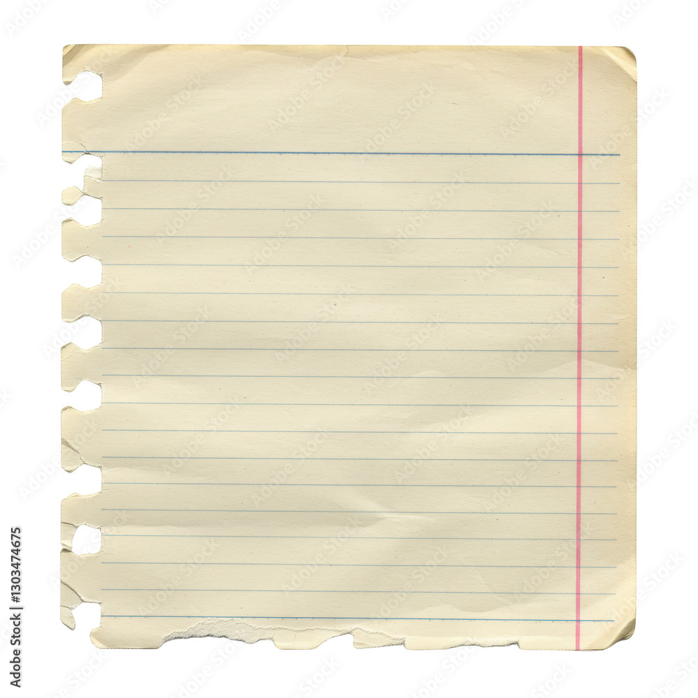 Poster a single sheet of aged torn notebook paper with horizontal blue lines and a vertical red margin line