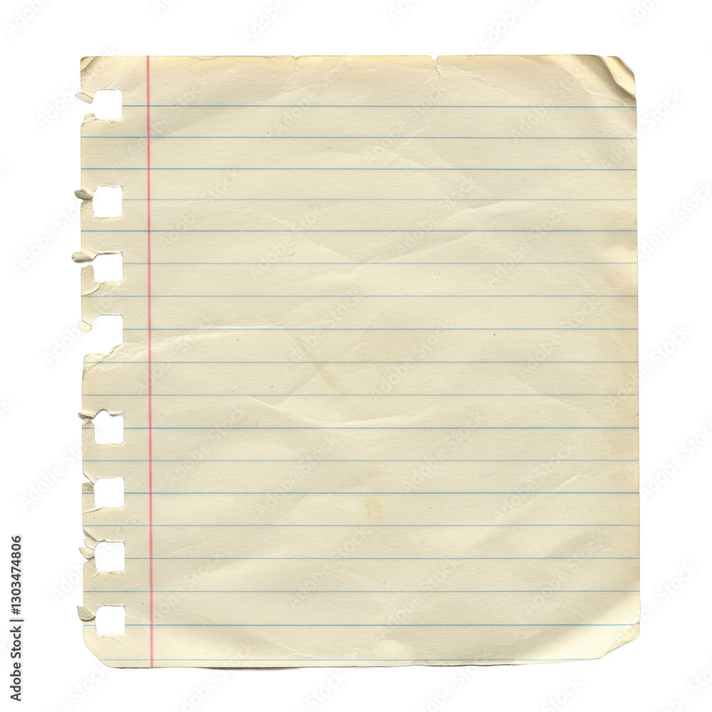 Poster a single sheet of aged torn notebook paper with horizontal blue lines and a vertical red margin line