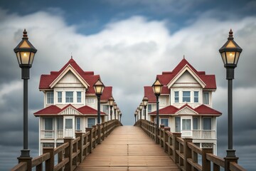 A row of Victorian row houses floating in mid-air, connected by wooden bridges and vintage streetlamps