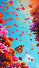 Holi Festival of Colours Animal Concept, Spring Holi bloom, butterfly nestled amidst colourful flower petals, splashes of vibrant powder, blue skies, drifting festive colours, Indian Hinduism festival
