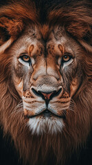 Naklejka premium Close-up portrait of a majestic male lion with a thick mane and piercing eyes, showcasing power, confidence, and the natural beauty of this fierce predator in the wild.