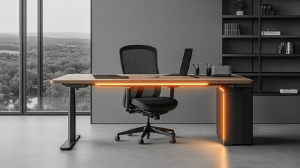 Modern adjustable office desk with city view