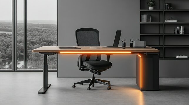 Modern adjustable office desk with city view