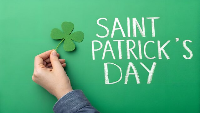 "A close-up of a hand holding a small green shamrock cutout against a vibrant green background. To the right, the words 'Saint Patrick’s Day' are written in bold, white, chalk-like font, creating a fe