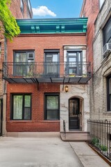 This contemporary brick townhouse showcases a delightful balcony adorned with lush plants, nestled in a lively urban neighborhood on a bright, sunny day