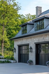 Obraz premium Beautifully designed stone garage with modern windows surrounded by lush greenery in a peaceful residential neighborhood during daylight