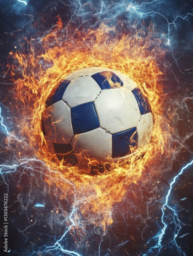Poster soccer ball on fire and water with lightening around on abstract polygonal background. horizontal la
