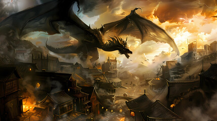 fierce anime dragon attacking village with dramatic lighting and intense fantasy atmosphere