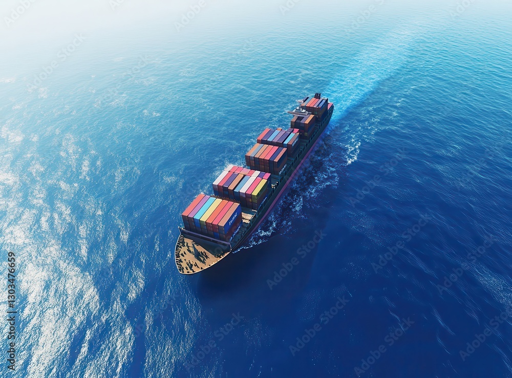 Poster large container ship sailing through calm ocean waters with colorful cargo crates during sunny day, 