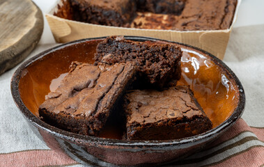 American chocolate brownie, dark chocolate baked dessert bar fudgy or cakey sweet dessert