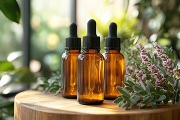 Three bottles of essential oils placed on a wooden table