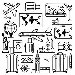 Black and white sketch of a traveler drawn by hand. Can be used for banner and advertising of travel and vacation. Material is not AI