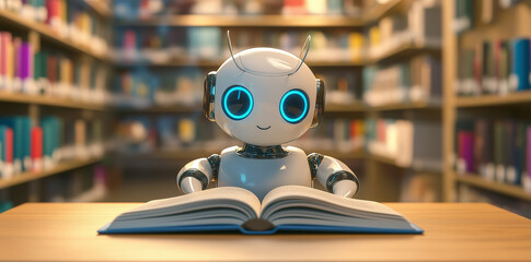 A cute robot is reading an open book on the table
