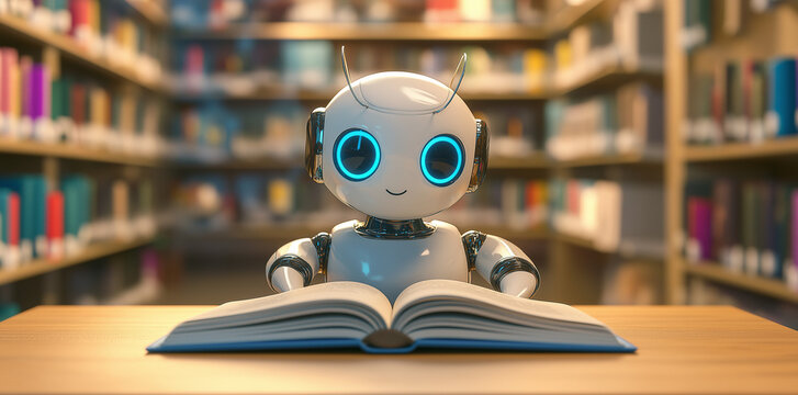 A cute robot is reading an open book on the table