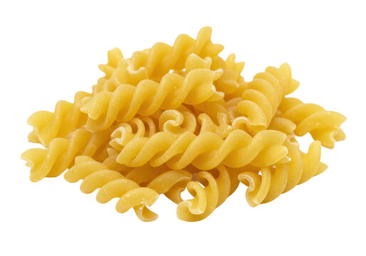 A small pile of uncooked fusilli pasta with a spiral shape and golden yellow color isolated on transparent background