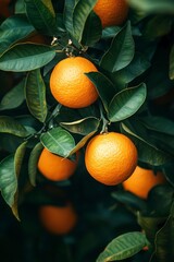 Close-up of oranges on a tree, dark green leaves, orange background