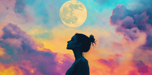Silhouette of a woman standing against a colorful sky with a moon