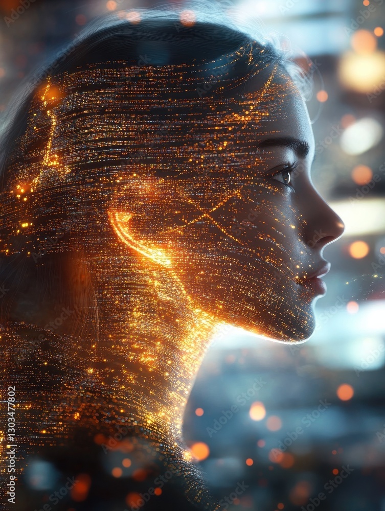 Poster digital mind: a captivating image of a woman's profile merged with flowing digital code, visualizing