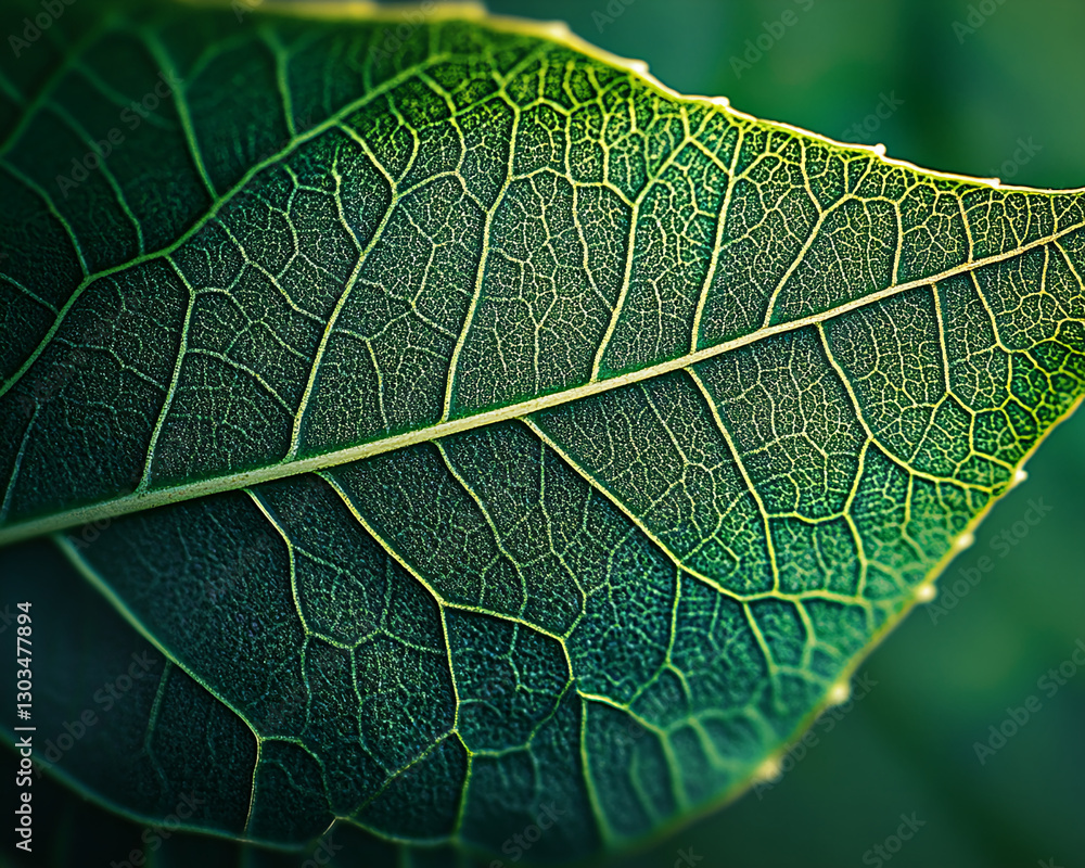 Poster close-up view of a green leaf showing intricate vein patterns, symbolizing nature, growth, and the b