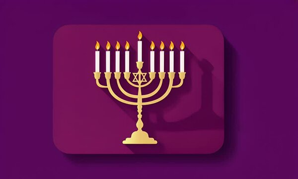 A stylized illustration of a menorah with lit candles, on a maroon background with shadow.