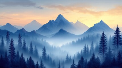 Obraz premium Misty Mountain Majesty: A Serene Sunrise in the Alpine Wilderness